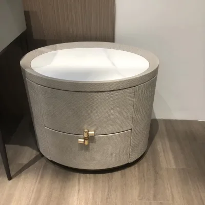 Italian Luxury Round Leather Smart Wooden Bedside Cabinet, Large Bedroom Furniture Bedside Cabinet with Two Drawers.