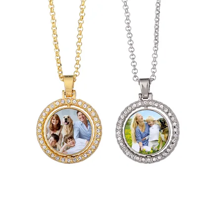Custom Photo Sublimation Blank Rotatable Round Pendant Necklace Shiny Pave CZ Double Side Picture Frame Necklaces for Girlfriend