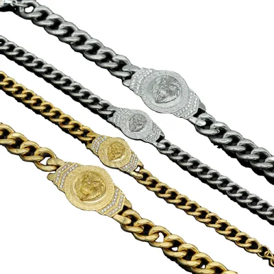 WOWEI Plating of Titanium Steel Bling Rhinestone Hip Hop Steel Miami Chain lion Head Bracelet for Him Rapper