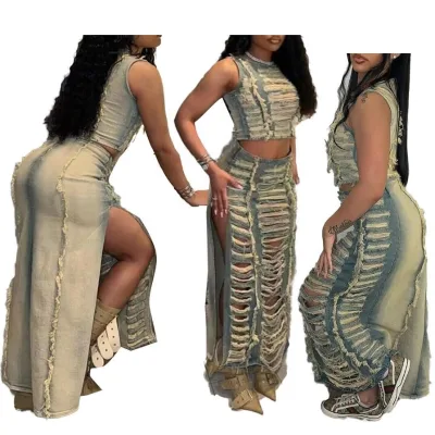 F88569 New Arrival Spring Summer 2024 Clothes Sleeveless Ripped Crop Top Slit Zipper Long Denim Skirts Fashion 2 Piece Set Women