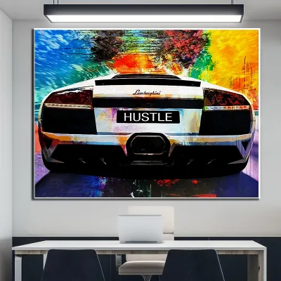 HD HUSTLE Quotes Sports Car Graffiti Wall Art Pictures and Posters for Home Decor Office Room Decoration Canvas