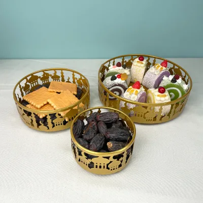 3pcs/set Metal Gold/White Moon Star Tray Eid Ramadan Mubarak Kareem Eid Mubarak Cake Plate Ramadan Eid Decoration Ornaments