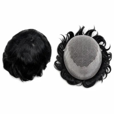 8x10 Natural Black Men's Toupee Lace Top Poly Perimeter Q6 Indian Hair System for Thinning Hair Replacement Hairpiece