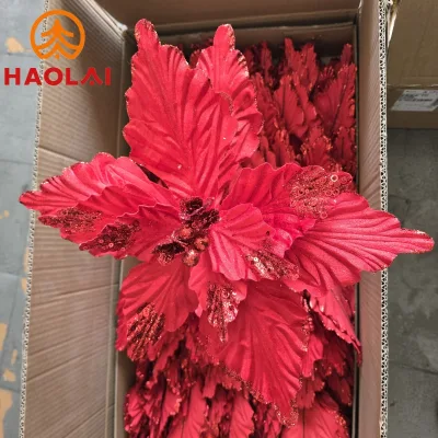 Custom ChristmasTree Balls Decoration Christmas Silk Flower Plastic Fabric Material Flowers Red Fruit Plug-in 20-45cm Red Golden