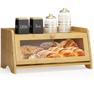 Simple yet Chic Kitchen Farmhouse Natural Large Bread Container Storage Bread Box Packaging With Window Bread Holder
