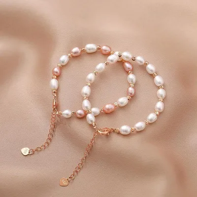 New Cross-border Imitation Pearl Beaded Circle Design Women's Electroplated Bracelet Instagram-style Adjustable Mixed-color
