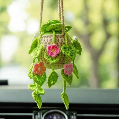 Cute Crochet Car Hanging Ornament for Rearview Mirror Decor Handmade Knitted Flora Flower Car Mirror Hanging Accessories