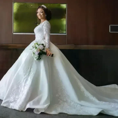 Customized Bll Gown Long Sleeve Wedding Dress Bridal Elegant Maxi Sleeves Beautiful Lace Dresses