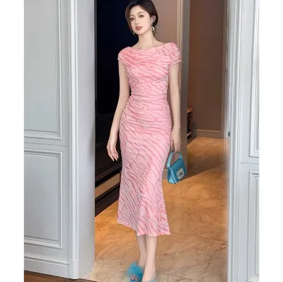 Sexy Women Dress O Neck Stretch Stripe Bodycon Split Casual Short Sleeve Midi Dress Elegant Wear Fashion Dress