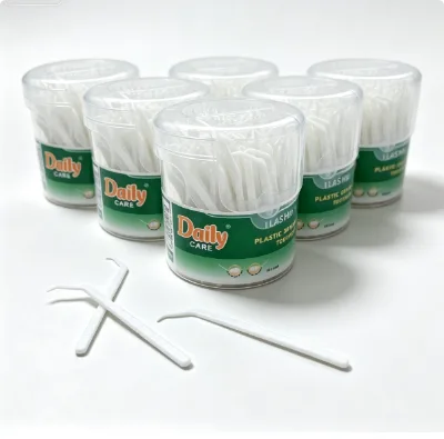 Hot Selling Dailycare Food Grade PS 200pcs Plastic Toothpicks Per Drum Disposable Curved Hook Tooth Picks Teeth Cleaning