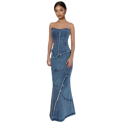 2025 New Slim Fishtail Style Denim Dress Patchwork Ripped Edges Design Off Shoulder Sleeveless Dress Denim Dresses for Ladies