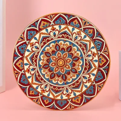 Wood Embossed Bohemian Style Coasters Anti-Slip Round Design for Housewarming and Moving Gifts