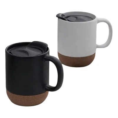 Custom Logo Matte Black Coffee Cup 14oz Ceramic Coffee Mug With Insulated Cork Bottom and Lid
