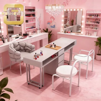 Stylish and attractive nail salon table and chair set with vacuum cleaner for double manicure table available in multiple colors
