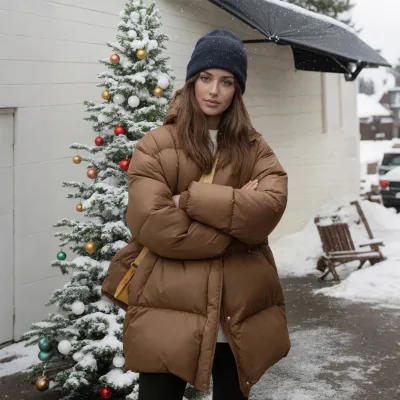 Winter New Classic Style Warm Design Loose Causal Stand Collar Short Duck Down Jacket with Big Down Scarf