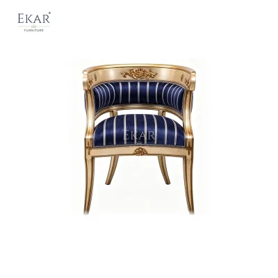 EKAR Classic French Gilded Barrel Back Leisure Chair with Striped Upholstery
