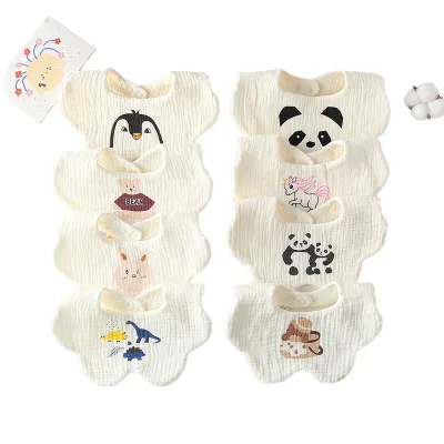Kangobaby 100% Cotton Crepe Baby Bibs Newborn Drool Bibs Button Closure Washable Bandana Bibs Custom Logo Animals Print Pattern
