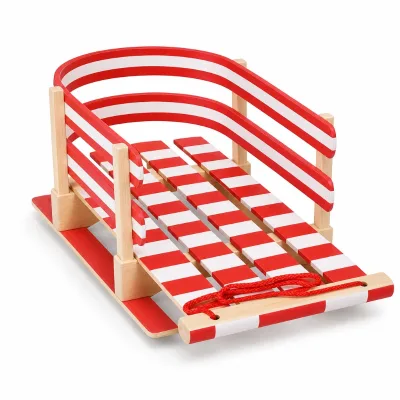 Wooden Sled for Kids Pull Sled Red White Stripes Snow Sled with Rope Christmas Outdoor Sledge Children Toboggan Sled