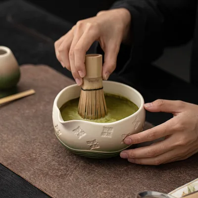 Harmony Modern Embossed Floral Matcha Chawan Gradient Green Spouted Ceramic Bowl Bamboo Base Eco-Friendly Japandi Wabi Sabi
