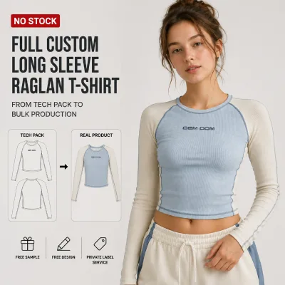 Private Label Tee Waffle Knit Ivory Light Blue Raglan Long Sleeve Cropped Slim Fit Contrast Color Womens T-shirt