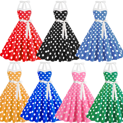 Retro Hepburn Style Halter Polka Dot Anti-Static Brocade Princess Dress