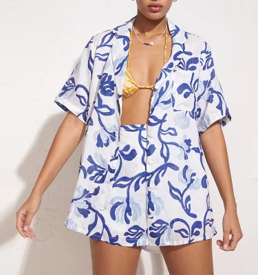 OEM Custom Women Casual Loungewear Linen Long Sleeve Botton Down Collared Shirt Beach Wear Blouse 2 Pieces Set Shorts