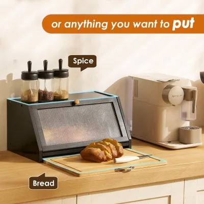 Bread Box with Cutting Board Double Layer Food-Safe Storage Black Bamboo Kitchen Countertop Bread Slicer Mold-Resistant