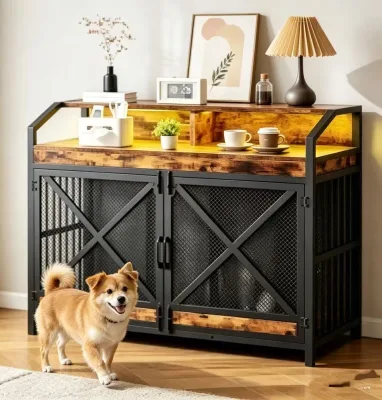 Best Seller Heavy Duty Dog Kennel Indoor with Storage Shelves Wooden Dog Cage with LED Lights for XL Large Dogs Breed