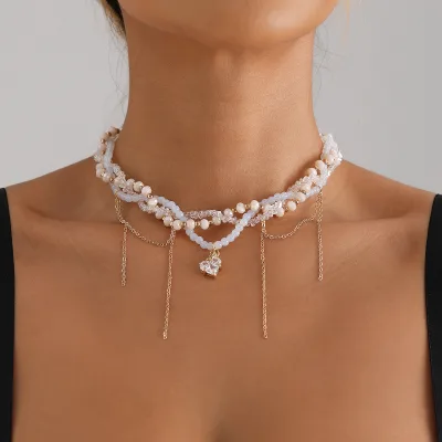 Wholesale Luxury Women's Crown Heart Charm Necklace Gold Plated Tin Alloy High-End Crystal Light Multi-layer Collarbone Chain