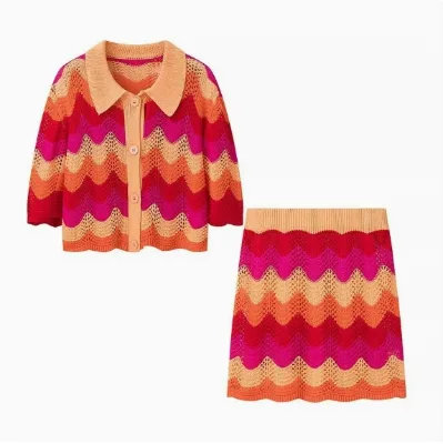 Female Skirts Sets Fashion Knitted Short Sleeve Shirt+ High Waist Mini Skirt Two Piece Set for Women