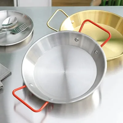 304 Stainless Steel Double Handle Shallow Frying Pan Round Flat Paella Pan Korean BBQ Griddle Pan Gold Polished Cookware
