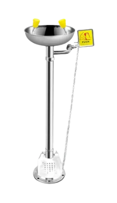 Slip Resistant Foot Operated Vertical Eye Flushing Unit with Warning Indicator Plaque for Hazardous Waste Warehouse Attendants