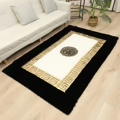 XUNYAO Quality Living Room Designed Super Soft Arabian Center Rug Black Based Gold Lined Pattern Luxury Home Decor Rug