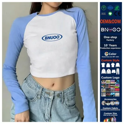 High Quality Custom Printing Cotton Crop T-shirt Two Color Block Slim Fit Long Sleeves Fashion Fit Blank T-shirts for Women Girl