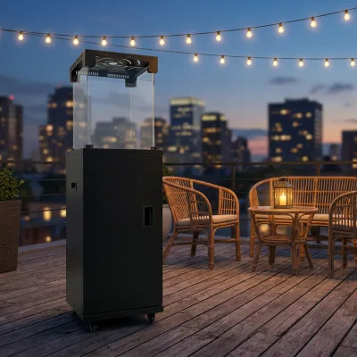 Modern Indoor LPG Gas Heater 4 Sides Tempered Glass Real Flame Mobile Radiant Heater for Home & Patio