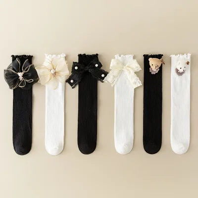 New Product Japanese Lolita Girl Socks Lace Bow Princess Stockings Sweet Children Long Tube Socks Autumn Black White Kids