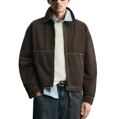 Front Zip Closure Relaxed Fit Washed with Contrast Stitching Lapel Collar Long Sleeves Buttoned Cuffs Simple Autumn Winter Coat
