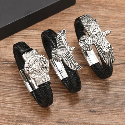 Men's leather woven bracelet retro and powerful eagle with outstretched wings multiple styles to choose from