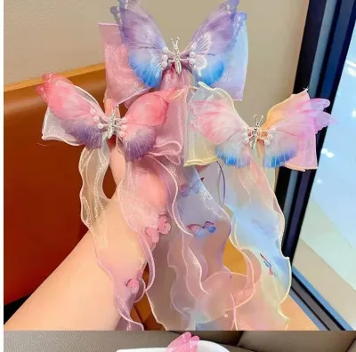 Handmade Large Moving Butterfly Hair Clip for Girls New Children's Braided Pearl Hairpin Sweet Alloy Ribbon Bow for Parties