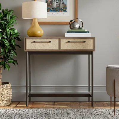 Simple Industrial Console Table Natural Rattan Drawer Fronts for Entryway Living Room Hotel School Use-Durable Storage Solution