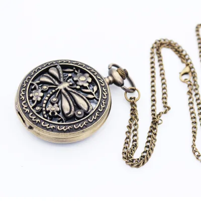 Vintage Watch Dragonfly Carved Engraved Design Retro Case Style With Long Chain Quartz Moment Pocket Watch
