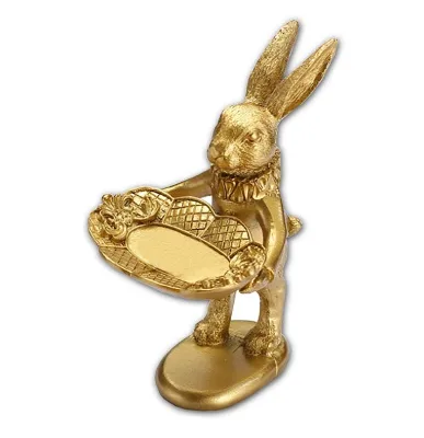 Small Golden Bunny Figurine Jewelry Ring Tray Decorative Easter Rabbit Statue Ornament Animal Sculpture Home Table Decor