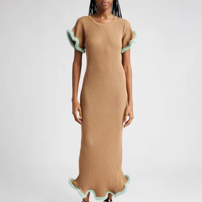 Custom Women's O Neck Short Flutter Sleeves Fitted Pencil Bodycon Dress Knitted Casual Dress