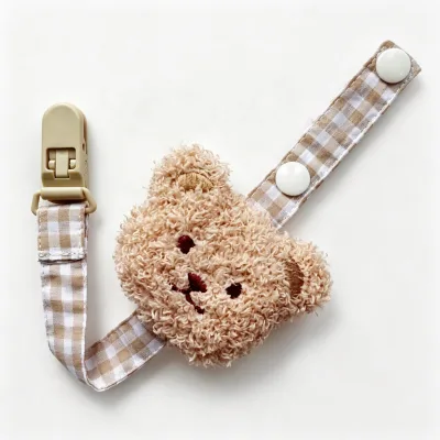 Cute Plush Bear Pacifier Holder Gingham Plaid Adjustable Snap Button Dummy Clip Anti Lost Strap Baby Shower Gift for Newborn