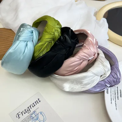 New Korean Elegant Silky Satin Headband Women's Wide Knotted Headband Hair Accessories Solid Color Headband