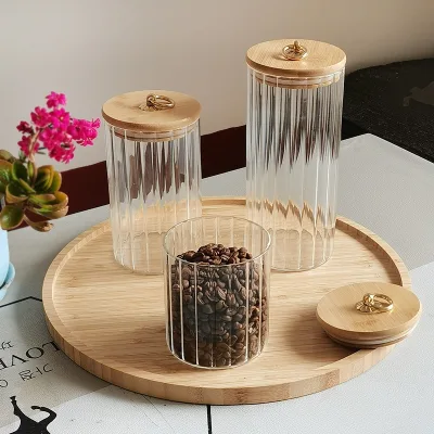 56H Wholesale vertical glass storage jar with brass ring bamboo lid striped storage dustproof sealing jar