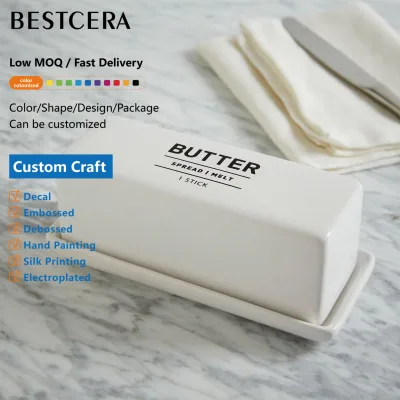 BESTCERA Large Capacity White Rectangular Butter Box with Lid Ceramic Pottery Plate Dish