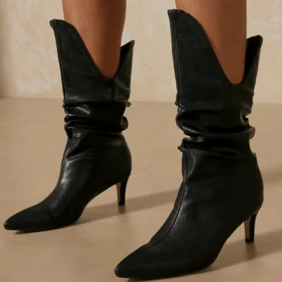 Western Style Slip-on Half Knee High Women Boots Stiletto Heels Slang Cut Sexy Casual Winter Shoes Midi Calf Size 43