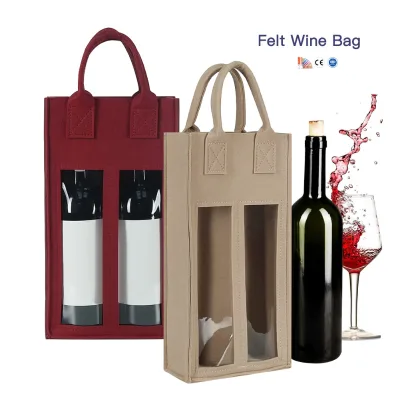 Portable Windowing Double Wine Bottle Gift Bag Durable Felt Carry Bag for Wine Carrier Available Logo Printing