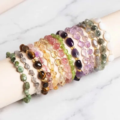 Reiki Healing Yoga Meditation Amethyst Rose Quartz Irregular Chip Nugget Gravel Elastic Stretch Natural Stone Bracelet